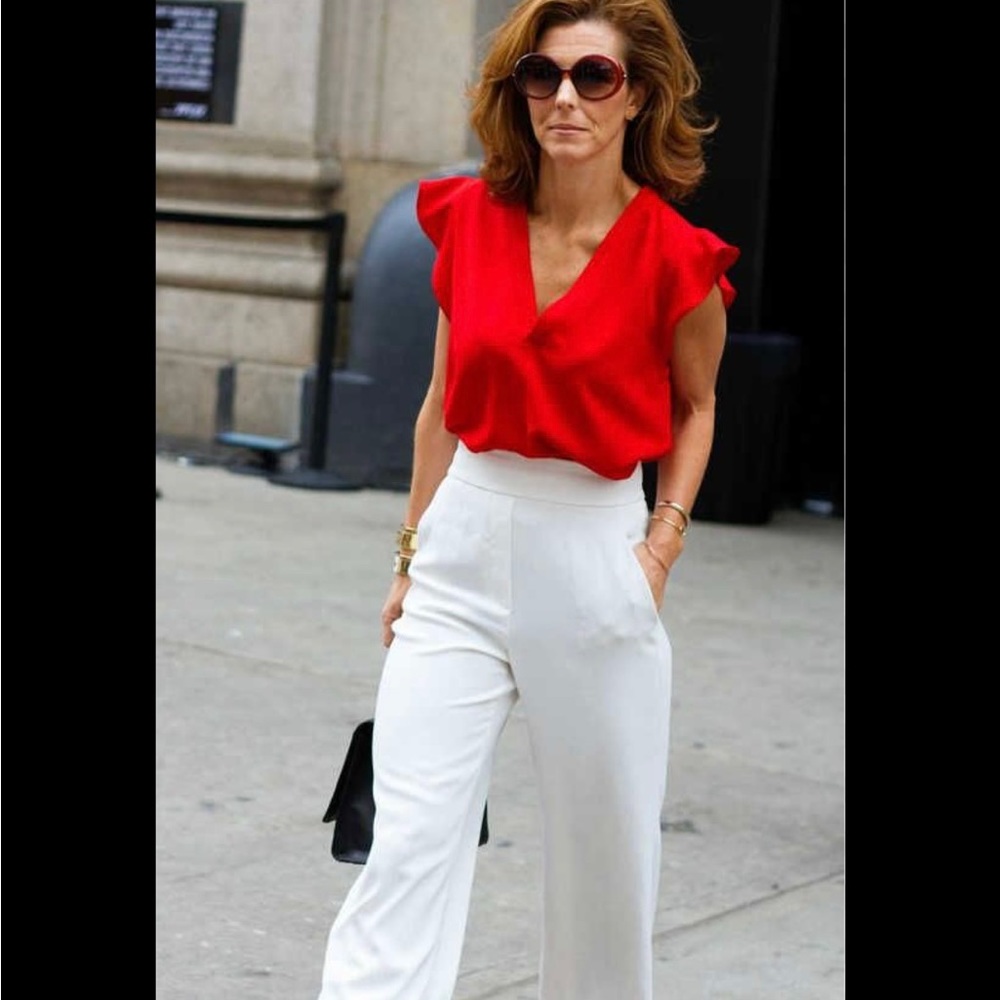 Cropped Red Club Monaco Top with ruffle detail at shoulder